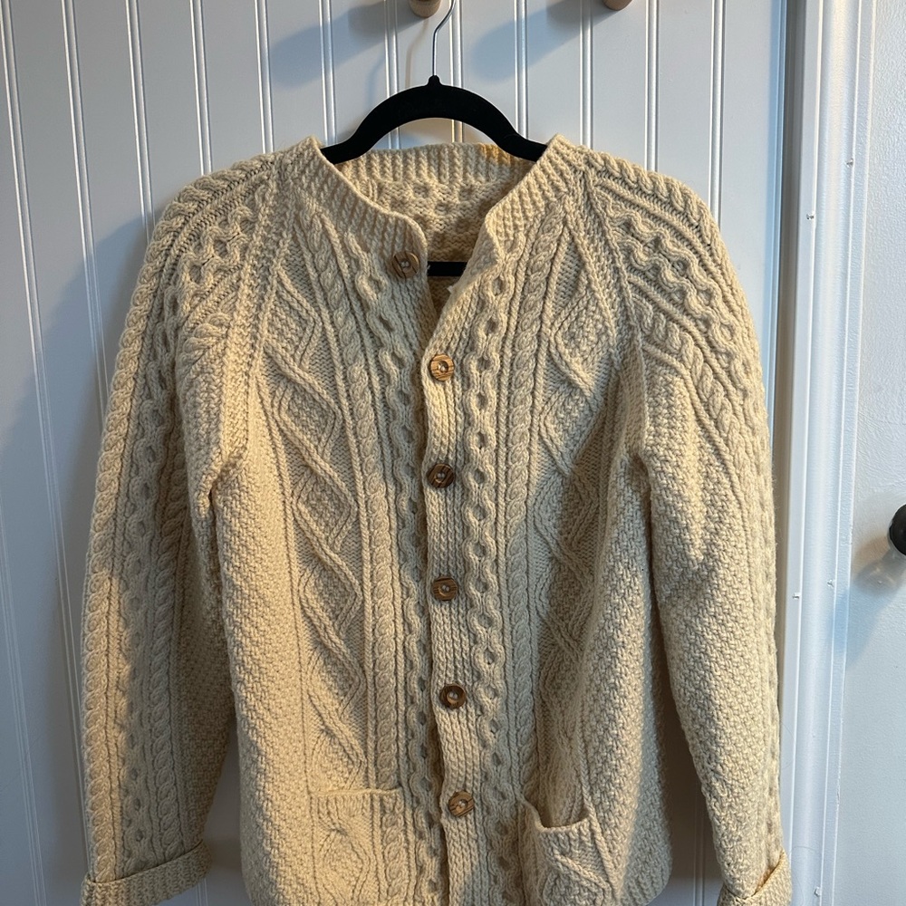 Wool Cream Cable Knit Cardigan with wood buttons